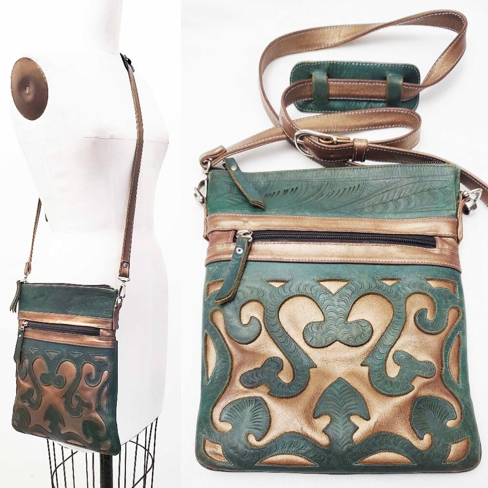 Green and Bronze Leather Crossbody Bag - Hand-Tooled Design